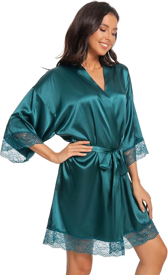 Kihnop Women's Satin Robe Silk Robe Lace Bridal Robes for Bride Bridesmaid Robes Silky Bathrobe Getting Ready Sleepwear