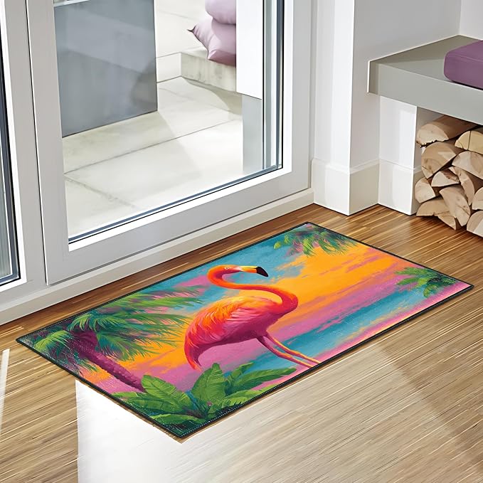 Flamingos Area Rug 2x3 ft Entry Rug Washable Boho Rugs Non Slip Low Pile Floral Door Mat Small Carpet for Bedroom, Bedside, Kids Room, Office, Dining Room