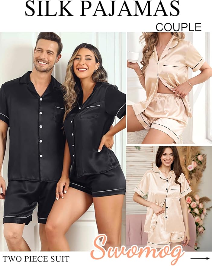 SWOMOG Womens Silk Satin Pajamas Set Short Sleeve Sleepwear Button Down Top and Shorts Loungewear 2 Piece Pjs Set XS-3XL