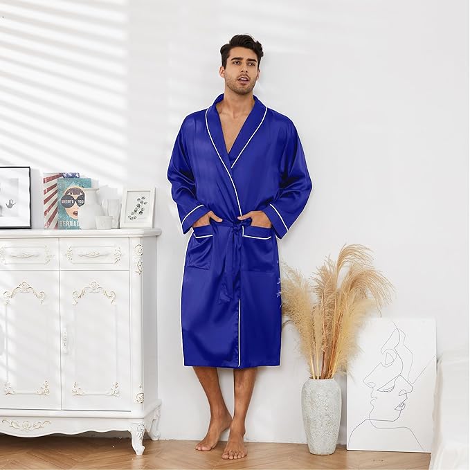 Vulcanodon Men’s Satin Robe Lightweight,Men's Luxurious Silk Kimono Bathrobe