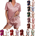 WJing Yi Jia Womens Silk Satin Pajamas Loungewear Two-Piece Sleepwear Button-Down Floral Pj Set XS-4XL