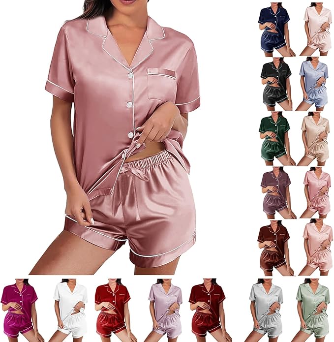 WJing Yi Jia Womens Silk Satin Pajamas Loungewear Two-Piece Sleepwear Button-Down Floral Pj Set XS-4XL