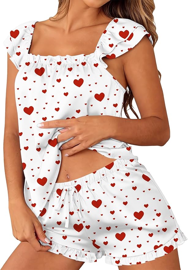 Satin Pajama Set for Women 2 Piece Silk Pjs Ruffle Sleeve Top and Shorts Cute Bridal Sleepwear Set S-XXL