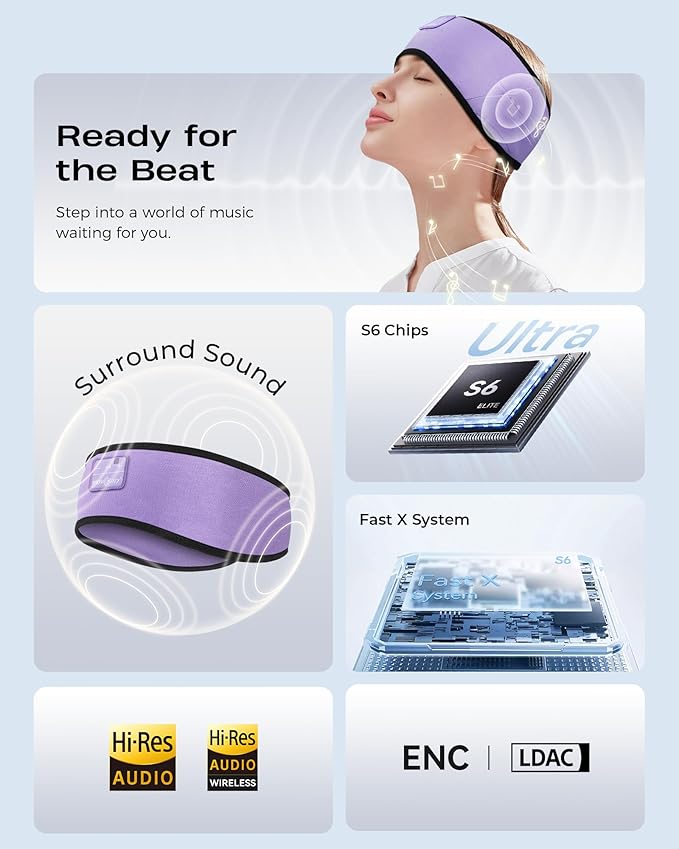 MUSICOZY Sleep Headphones Soft Bamboo Cotton Headband Headphones for Sleeping, Sleep Headphone Wireless Bluetooth 5.4 with Ultra-Thin HD Stereo Speaker for Unique Gifts(Lavender Purple)