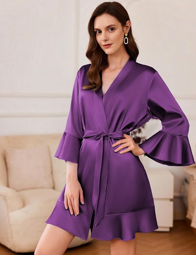 Ekouaer Women's Satin Robe Short Ruffle Hem Silky Robes Lightweight Kimono Brides Bathrobes Sleepwear XS-XXL