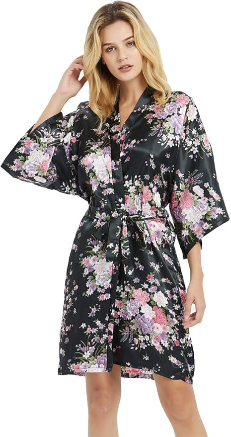 Women's Satin Robes Floral Bridesmaid Robes Short Silk Kimonos Sleepwear