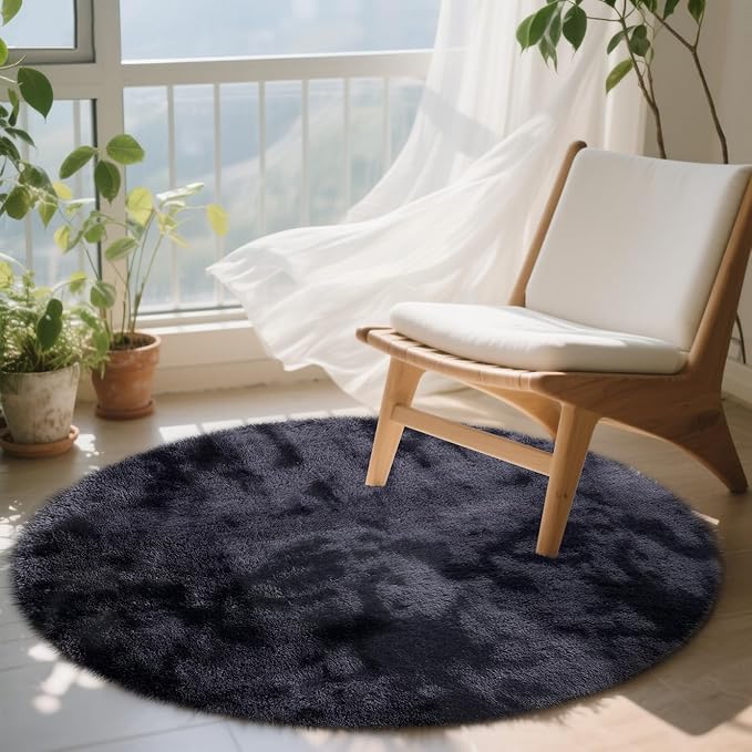OLANLY Deep Grey Tie-dye Round Rugs for Bedroom - Machine Washable, 4x4 Feet Circle Area Rugs for Living Room, Soft and Fluffy Shaggy Carpet for Teen Girls and Boys, Dorms, Home Decor Aesthetic