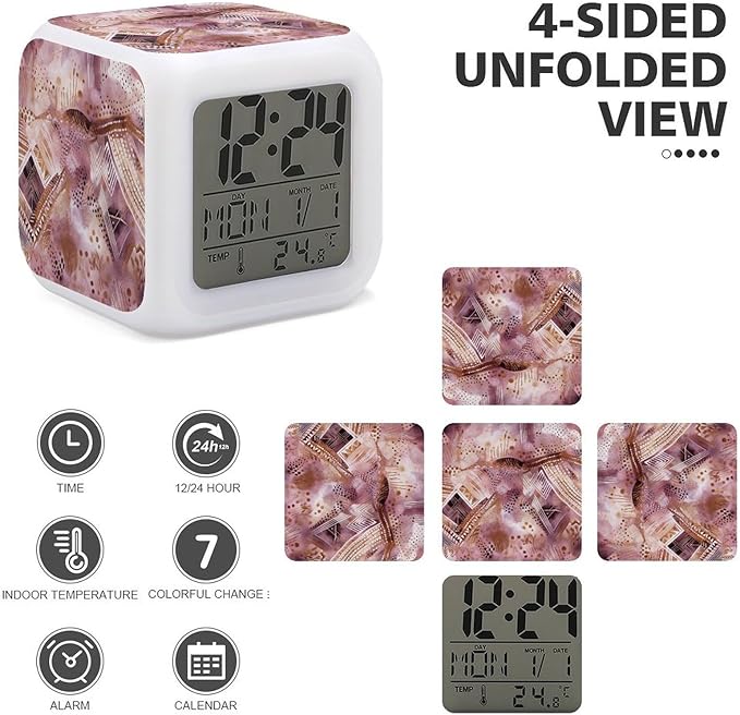 Pretty Peach Pattern Alarm Clock with 7 Color Changing Night Light Loud Digital Alarm Clock for Heavy Sleeper Electric Desk Clocks with Temperature Display Wake Up Digital Clocks