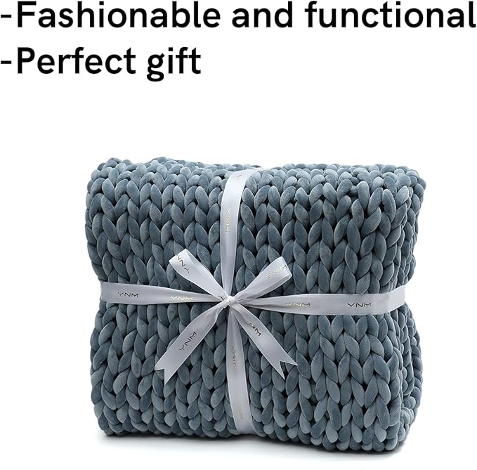 YnM Velvet Weighted Blanket, Handmade Chunky Knitted Design, Soft and Cozy, Temperature Regulating and Breathable, Machine Washable Throw for Sleep or Home Decor (Blue, 80x87 Inch, 25lbs)