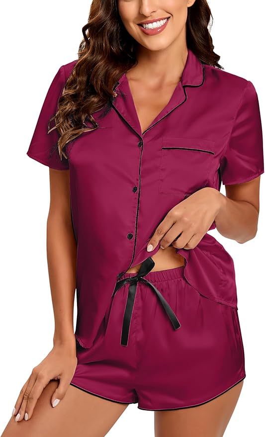 Silk Pajamas for Women Satin Womens PJ Set 2 Piece Short Lounge Set Summer Sleepwear Notch Collar Button-Down Pjs