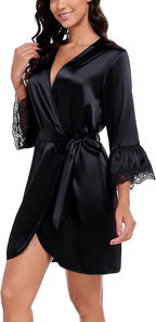 Lace Trim Satin Robes for Women Bride Bridesmaid Silky Kimono Robe Valentines Lingerie with Bell Sleeves