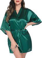 Vlazom Womens Kimono Robes Dressing Gown Satin Bathrobe Nightdress Short Style Bridal Robe