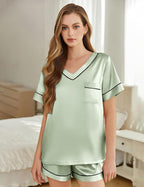 Silk Pajamas for Women Short Sleeve Satin 2 Piece Pj Set Soft V Neck Sleepwear Loungewear, S-XXL