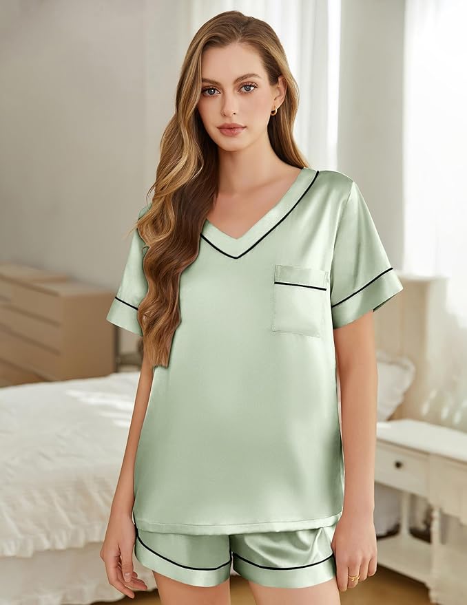 Silk Pajamas for Women Short Sleeve Satin 2 Piece Pj Set Soft V Neck Sleepwear Loungewear, S-XXL