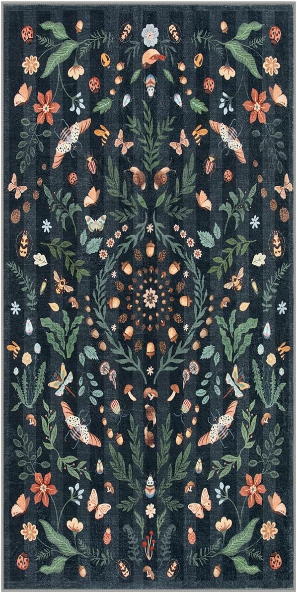 Lahome Insect Botanical 2x4 Black Kitchen Runner Rugs Non Skid Washable, Rug Runners for Hallways Non Slip Bathroom Carpet Runner, Soft Indoor Runners for Entryway Laundry Bedroom(Black,2x4)