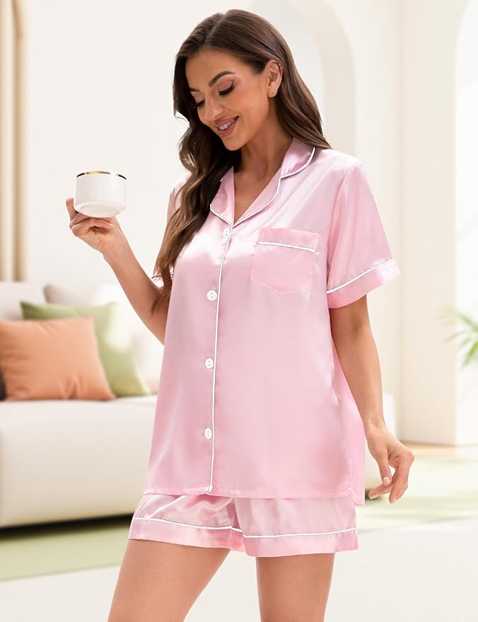 EPLAZA Silk Pajamas for Women Satin Pajamas Set 5 Pcs Long Sleeve Print Pattern Button Down Pjs Sleepwear Loungewear Set