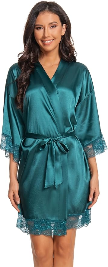 Kihnop Women's Satin Robe Silk Robe Lace Bridal Robes for Bride Bridesmaid Robes Silky Bathrobe Getting Ready Sleepwear