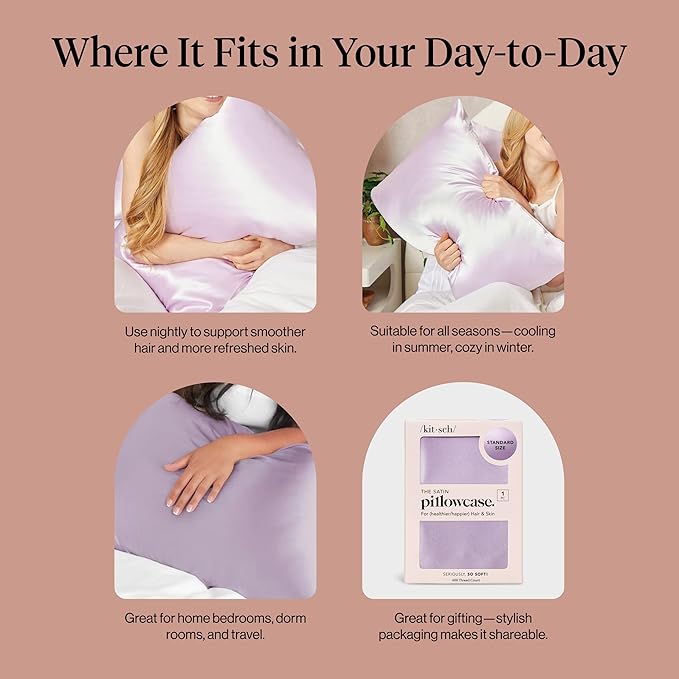 Kitsch Satin Pillowcase with Zipper for Hair & Skin - Softer Than Silk Pillow Cases, Smooth Cooling Satin Pillow Case, Wrinkle-Free, Machine Washable, Pillow Cases Standard Size 19x26 - Lavender