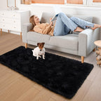 YJ.GWL Runner Rugs for Hallway, 2x4 Washable Small Black Bedside Rugs for Living Room Bedroom, Soft Fluffy Shaggy Indoor Floor Carpet for Kids Boy and Girls Room Nursery Home Decor Aesthetic