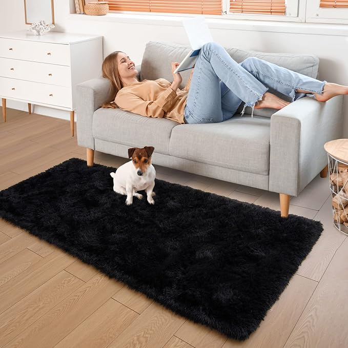 YJ.GWL Runner Rugs for Hallway, 2x4 Washable Small Black Bedside Rugs for Living Room Bedroom, Soft Fluffy Shaggy Indoor Floor Carpet for Kids Boy and Girls Room Nursery Home Decor Aesthetic
