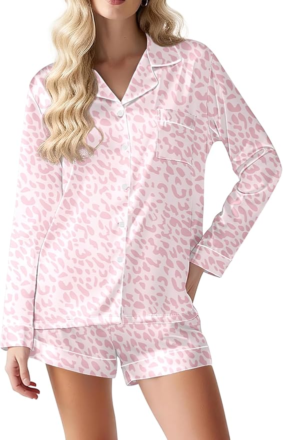 Ekouaer Satin Pajama Set for Women Button Down Pj Set Long Sleeve Top and Shorts 2 Piece Loungewear Summer Soft Sleepwear