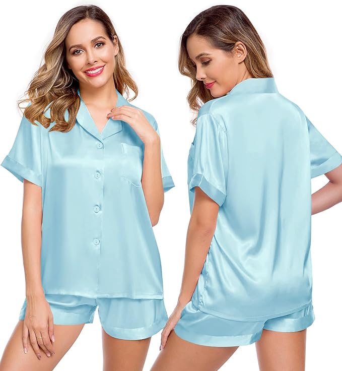 LecGee Womens Silk Satin Pajamas Short Sleeve Loungewear Two-Piece Sleepwear Button-Down Pj Set