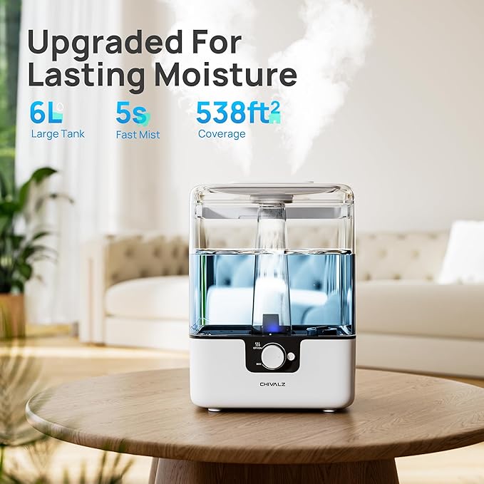 CHIVALZ Humidifiers for Bedroom Large Room Home, 6L Cool Mist Humidifier for Baby and Plant, Oil Diffuser, Top Fill Humidifier with Night Light, Quiet 26dB, Up to 50H, White 1Pack