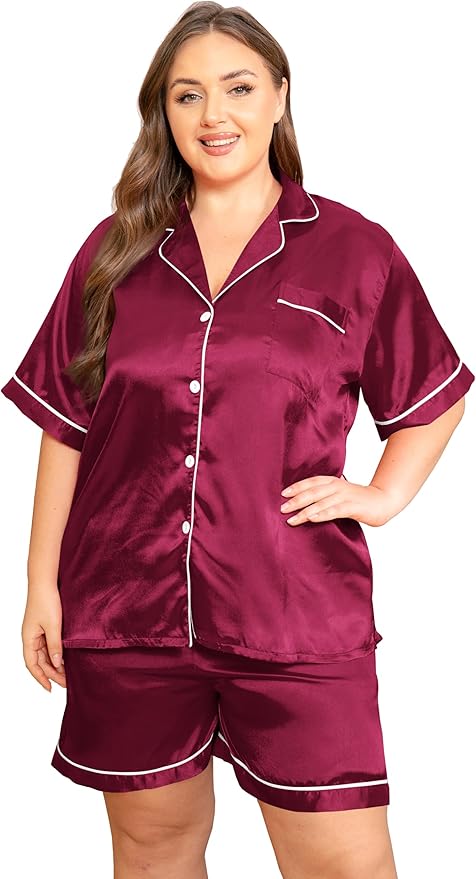 Vozanet Women's Short Sleeve Satin Pajama Sets Silky Ladies Button Down Loungewear Plus Size Nighty Shorts Sets XL to 5XL