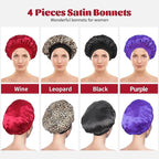 ZHENSILK 4Pcs Silk Bonnet for Sleeping, Satin Hair Bonnets, Soft Elastic Band Silk Sleep Cap, Hair Wrap for Women(Black Wine Red Purple Gold)