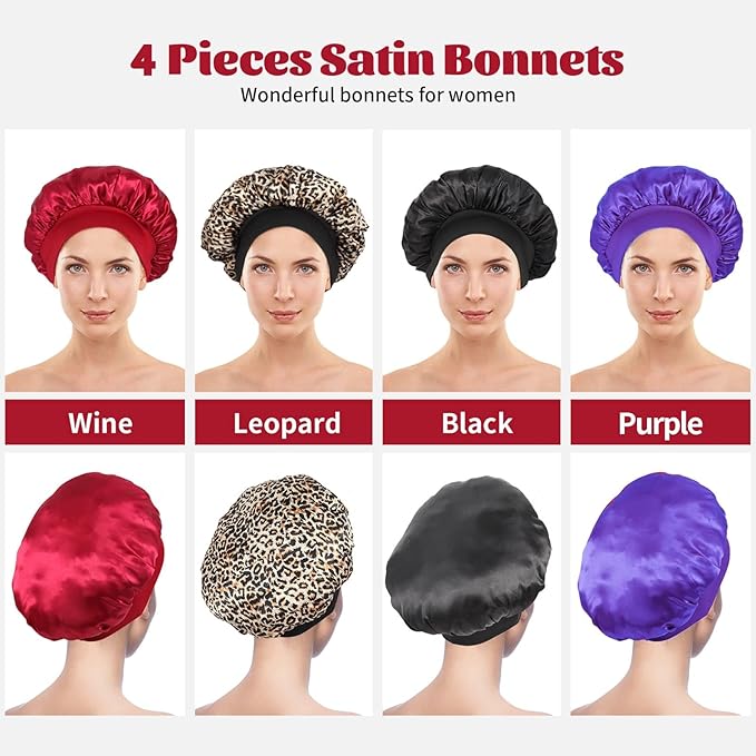 ZHENSILK 4Pcs Silk Bonnet for Sleeping, Satin Hair Bonnets, Soft Elastic Band Silk Sleep Cap, Hair Wrap for Women(Black Wine Red Purple Gold)