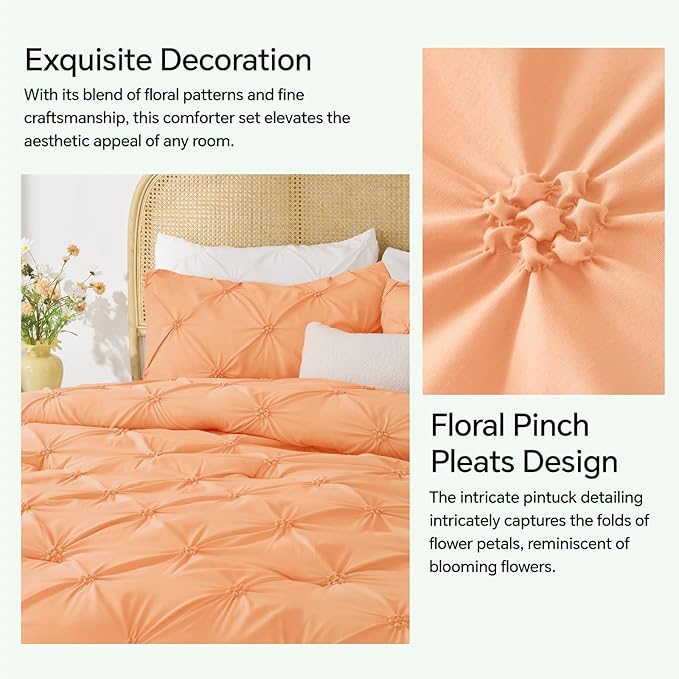 BEDELITE Apricot Queen Comforter Set - 3 Pieces Boho Pintuck Bedding Comforter Sets, Lightweight Soft & Warm Bed Comforter Queen with 2 Pillowcases for All Season