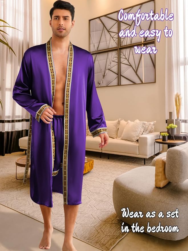 ChiaoLezhee Mens Satin Bath Robe with Shorts Set, Silk Paisley Kimono Lightweight, Soft Long Sleeve Sleepwear
