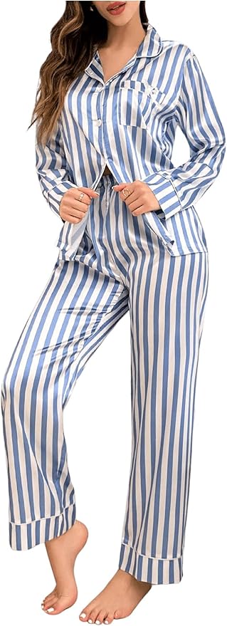 WDIRARA Women's 2 Piece Bowknot Print Satin Pajama Set Long Sleeve Button Down Lounge Pants Sleepwear Sets