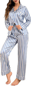 WDIRARA Women's 2 Piece Bowknot Print Satin Pajama Set Long Sleeve Button Down Lounge Pants Sleepwear Sets