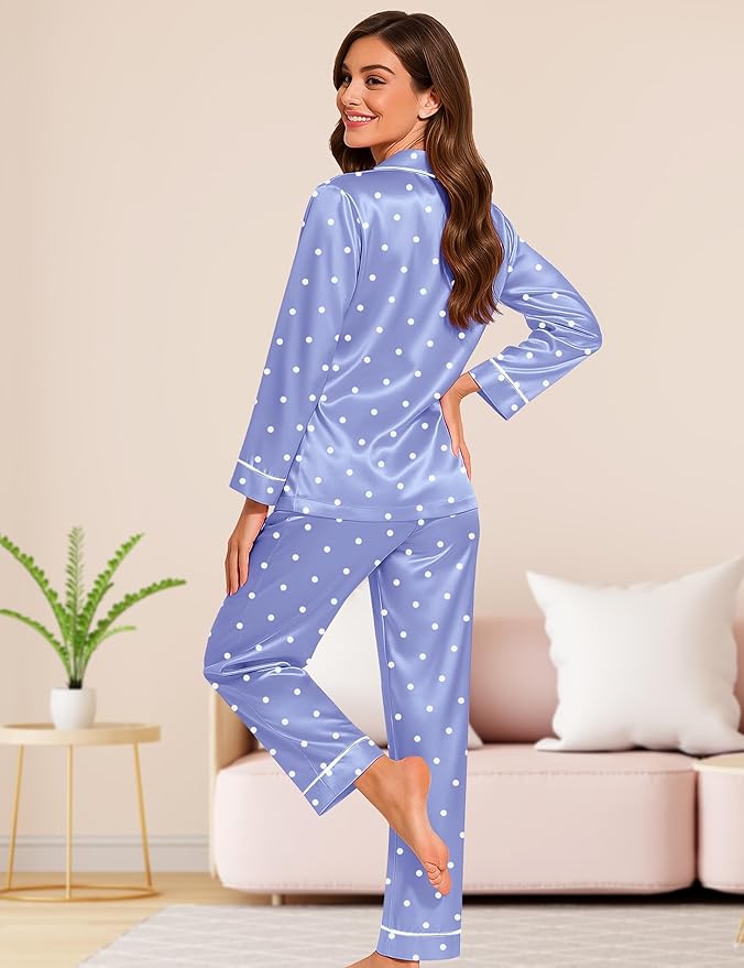 DOLOS Silk Satin Pajama Set for Women Short/Long Sleeve 2-Piece Silky Pajamas for Women Button Down Pjs Sleepwear Loungewear
