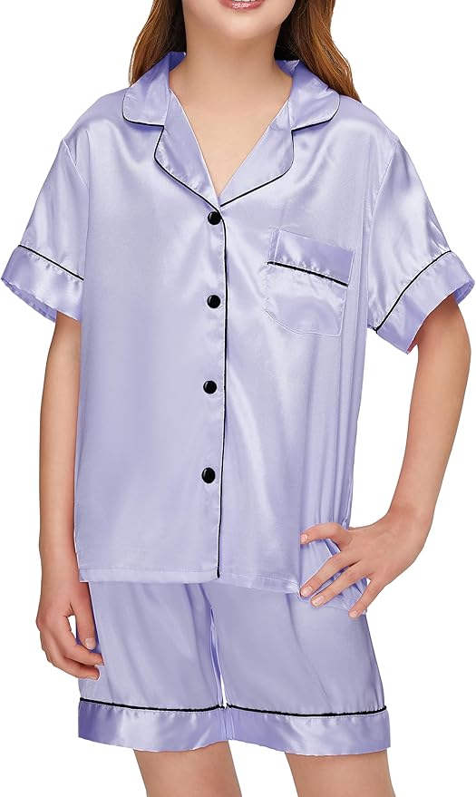EPLAZA Kids Satin Pajamas Sets Girls Boys Button-Down Silky Pajamas Sleepwear with Hairband Eye Mask Hair Tie