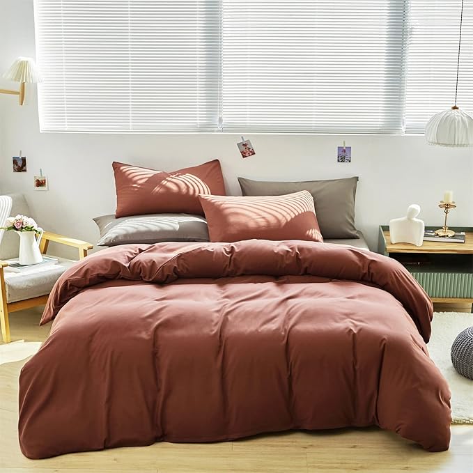 Luxlovery Brick Red Comforter Set King Dark Rust Bedding Comforter Set Solid Blackish Red Breathable Blanket Quilts 3 Piece Bedding Set for King Bed