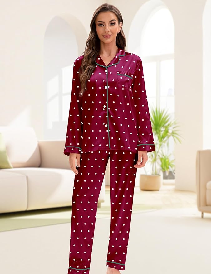 EPLAZA Silk Pajamas for Women Satin Pajamas Set 5 Pcs Long Sleeve Print Pattern Button Down Pjs Sleepwear Loungewear Set