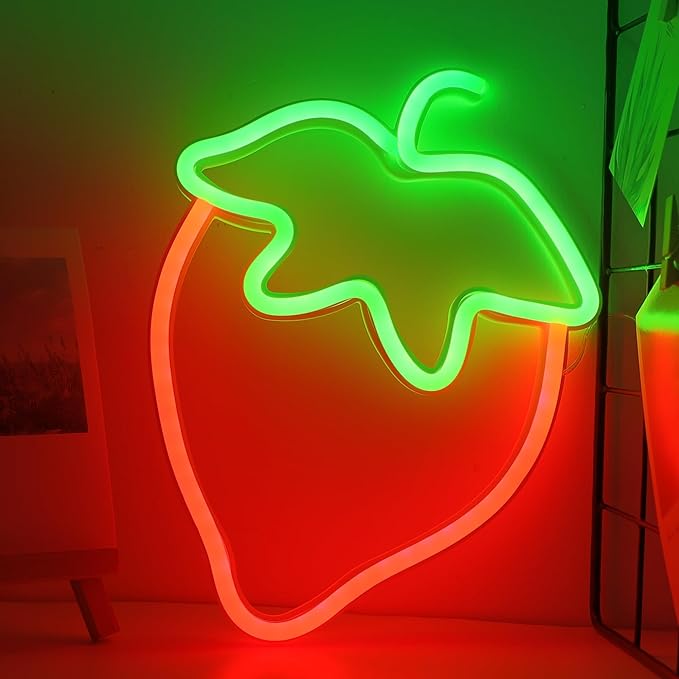ENUOLI Strawberry Neon Sign Red Green Color Led Sign Fruit Shape Neon Light for Bedroom Wall Decor, Strawberry LED Neon Light, Bar, Fruit Shop,Kids Room Gift