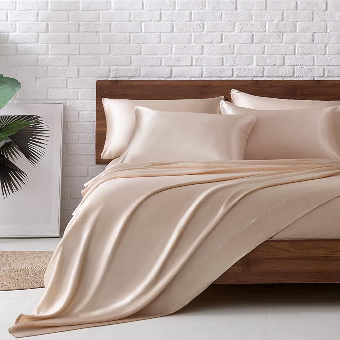 MR&HM Satin Bed Sheets, King Size Sheets Set, 6 Pcs Silky Bedding Set with 15 Inches Deep Pocket for Mattress (King, Champagne)