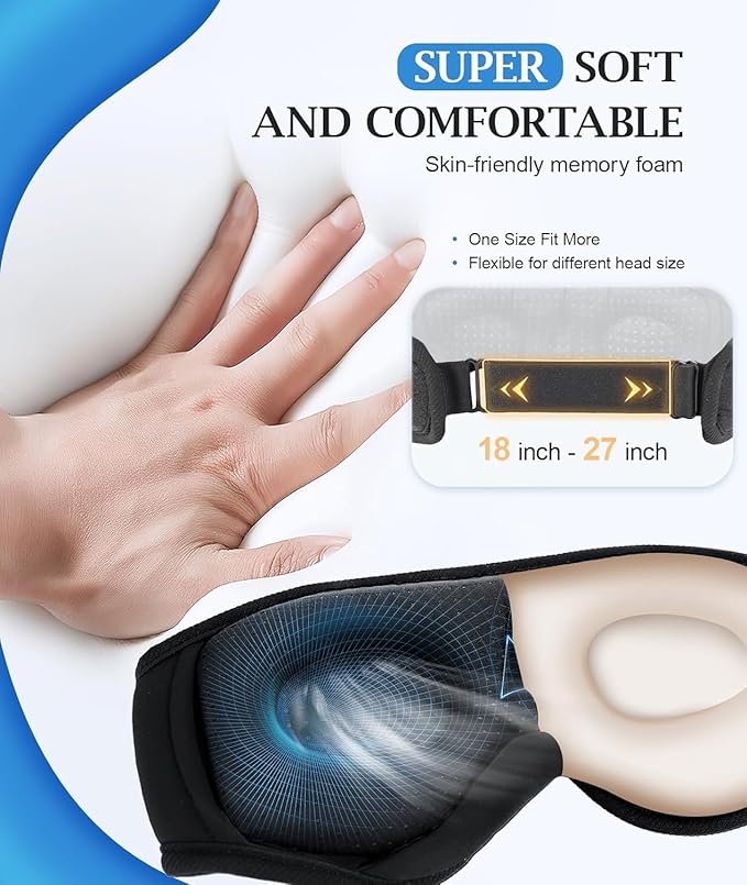 Bluetooth Sleep Headphones for Side Sleepers with Timming Setting, 100% Blackout 3D Contoured Eye Mask for Sleeping & Music Auto Shut Off, Breathable No Pressure for Side Sleeper Travel