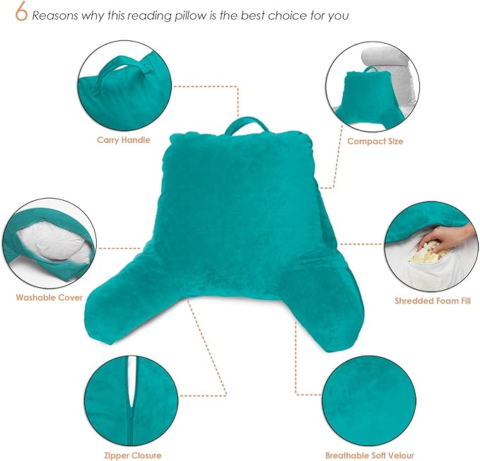 Clara Clark Reading Pillow with Shredded Memory Foam for Sitting Up in Bed and Couch, Back and Arms Adjustable Support for Adults & Teens Backrest Pillows for Reading, with Washable Cover Teal