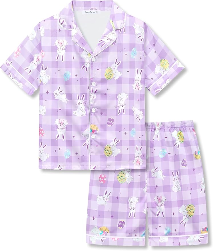 Beezizac Little & Big Girls Satin Silky Button Pajama Summer Short Sleeves Set Trendy Outfit Kid Size 6-16