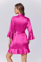 Ekouaer Women's Satin Robe Short Ruffle Hem Silky Robes Lightweight Kimono Brides Bathrobes Sleepwear XS-XXL