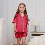 QPANCY Kids Satin Pajamas Sets Baby Boy Girl Button-Down Silk Sleepwear 2 Piece Short Sleeve Loungewear Clothes Set