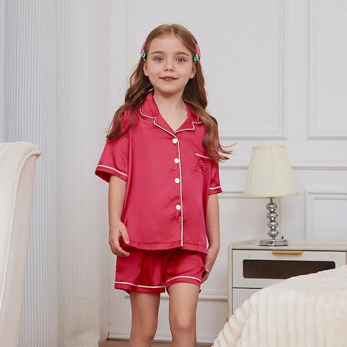 QPANCY Kids Satin Pajamas Sets Baby Boy Girl Button-Down Silk Sleepwear 2 Piece Short Sleeve Loungewear Clothes Set