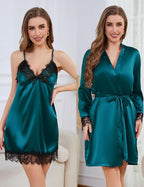 Womens Silk Lingerie Robe Nightgown 2 Piece Pajamas Set Sexy Lace V Neck Cami Satin Sleepwear