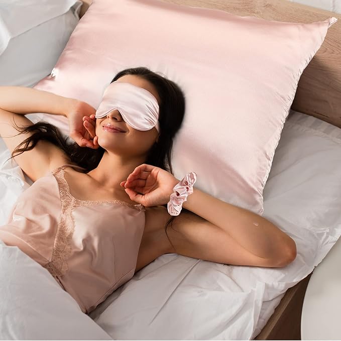 2 Pack Satin Pillowcase with Latent Zipper, Adjustable Satin Eye Mask for Sleeping and Satin Volume Scrunchie for Hair and Skin, Standard Size (Light Pink,Classic Style)