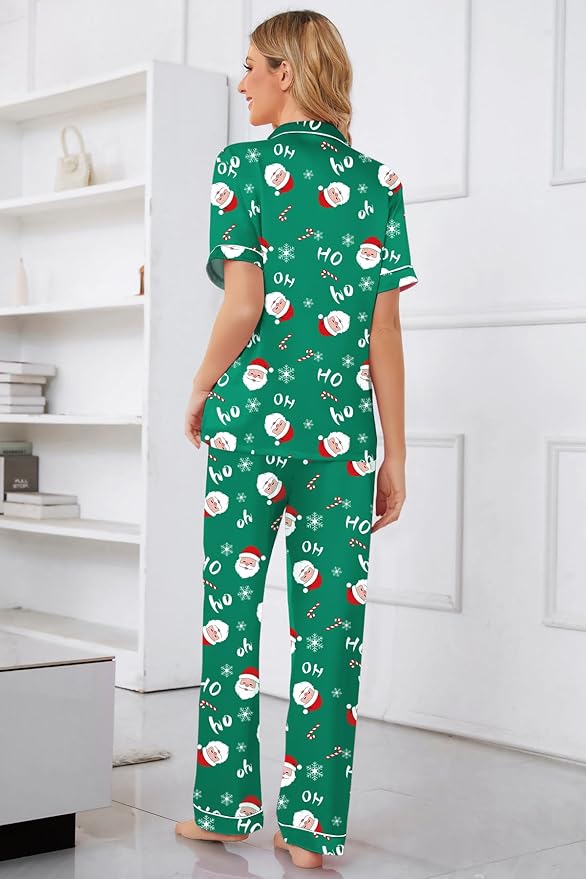 Umeyda Girls Womens Pajamas Set, Satin Silky Button Down Loungewear 2 Piece Short Sleeve Pants PJS Sets for Mommy Kids