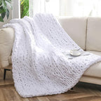 WESHIONGOO Chunky Knit Blanket Throw Knitted Throw Blankets for Couch Bed Fluffy Soft Blanket with Jumbo Chenille Yarn Thick 100% Handmade (White, 51"×63")